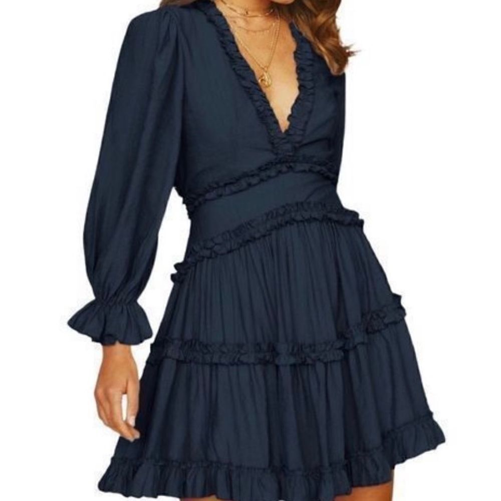 Shein deep, V-neck, frilly, tiered, backless, navy blue dress size xs